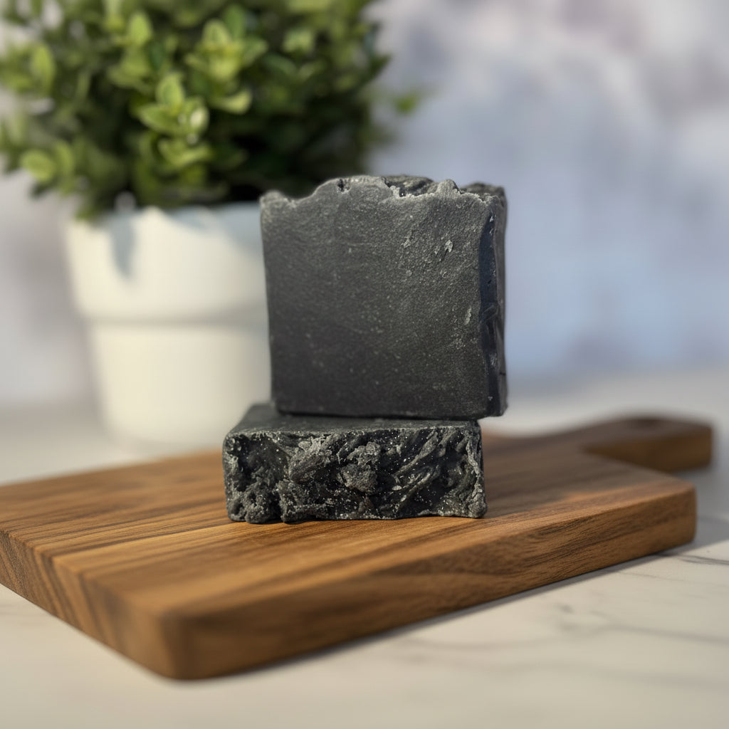 Two pieces of black soap on a light surface with greenery in the background